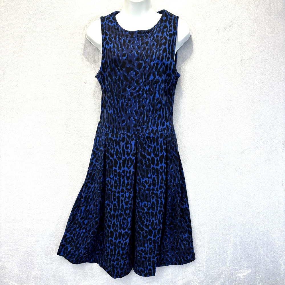 C Wonder‎ Fit & Flare Midi Dress Womens Small Blue Animal Sleeveless Pockets